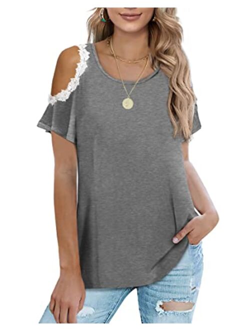 Sousuoty Cold Shoulder Tops for Women Casual Summer Shirts Cute Lace Blouses