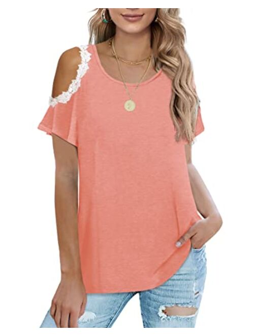 Sousuoty Cold Shoulder Tops for Women Casual Summer Shirts Cute Lace Blouses