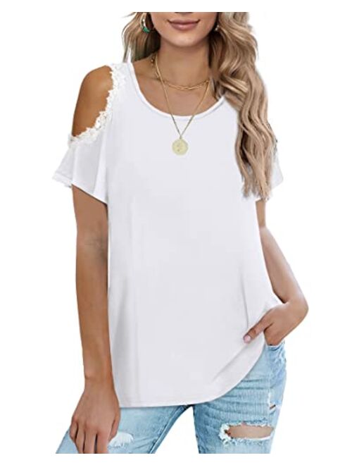 Sousuoty Cold Shoulder Tops for Women Casual Summer Shirts Cute Lace Blouses