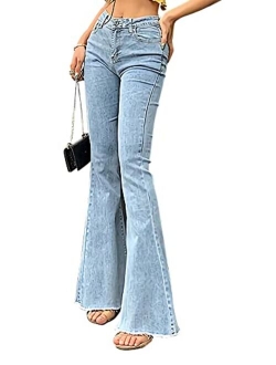 HETIPR Women's High Waisted Flare Bell Bottom Jeans Butt Lifting Raw Hem Denim Pants