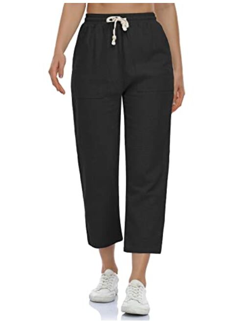 sherelie Women's Linen Ankle Pants Drawstring with 4 Pockets High-Rise Lounge Casual Pull-On Pants