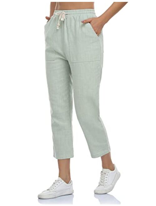 sherelie Women's Linen Ankle Pants Drawstring with 4 Pockets High-Rise Lounge Casual Pull-On Pants