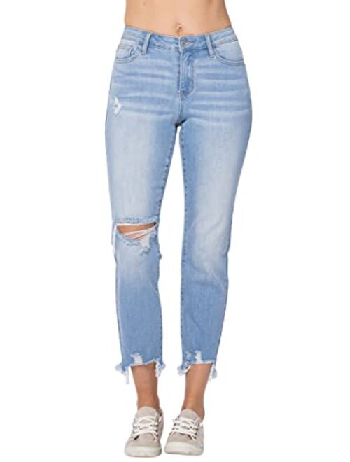 Judy Blue Women's Mid Rise Destroyed Hem Boyfriend Jeans