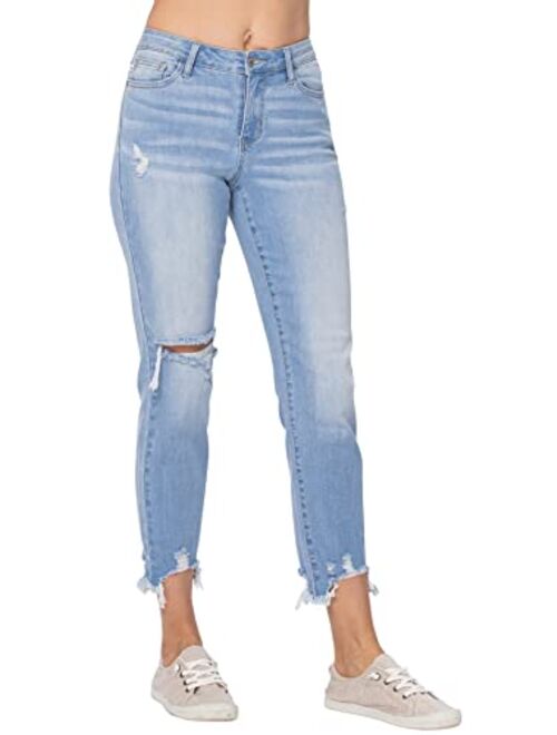 Judy Blue Women's Mid Rise Destroyed Hem Boyfriend Jeans