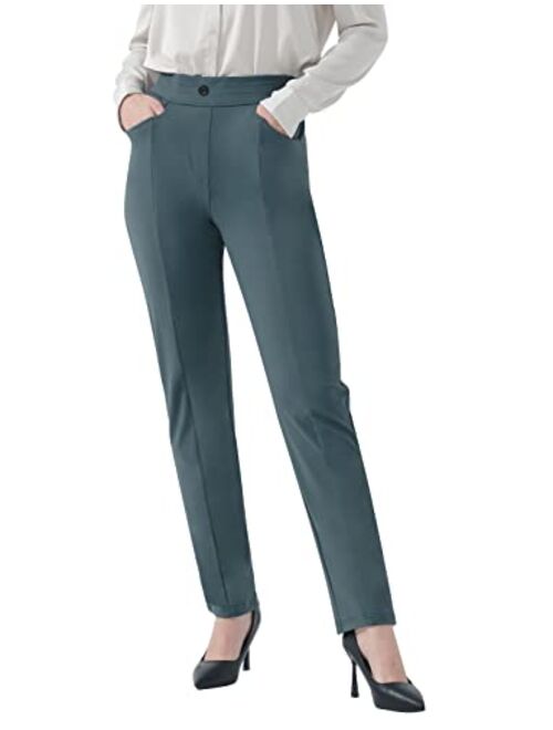 Hiverlay Women's Dress Pants Stretchy Pull On Straight Dressy Pants with Pockets 27" 29"