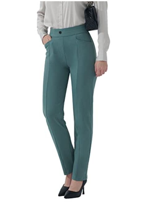 Hiverlay Women's Dress Pants Stretchy Pull On Straight Dressy Pants with Pockets 27" 29"