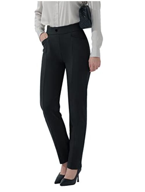 Hiverlay Women's Dress Pants Stretchy Pull On Straight Dressy Pants with Pockets 27" 29"