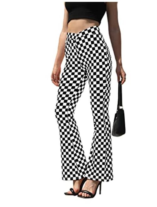 HeSaYep Women's High Waisted Flare Pants Cross Waist Plaid Bell Bottoms Pants Stretch Palazzo Lounge Trousers