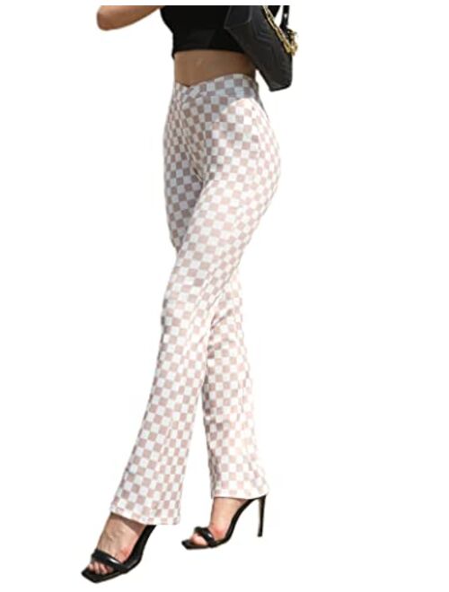 HeSaYep Women's High Waisted Flare Pants Cross Waist Plaid Bell Bottoms Pants Stretch Palazzo Lounge Trousers