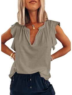 BEZEKC Womens Tank Tops V Neck Ruffle Sleeve Summer Casual Loose Blouses Sexy Tee Shirts S-2XL