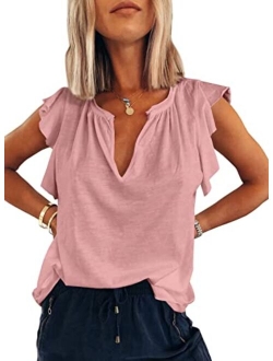 BEZEKC Womens Tank Tops V Neck Ruffle Sleeve Summer Casual Loose Blouses Sexy Tee Shirts S-2XL