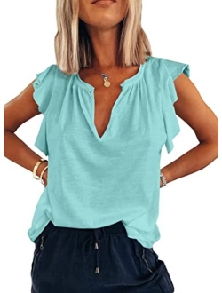 BEZEKC Womens Tank Tops V Neck Ruffle Sleeve Summer Casual Loose Blouses Sexy Tee Shirts S-2XL