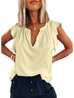 BEZEKC Womens Tank Tops V Neck Ruffle Sleeve Summer Casual Loose Blouses Sexy Tee Shirts S-2XL