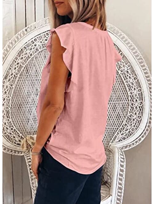 BEZEKC Womens Tank Tops V Neck Ruffle Sleeve Summer Casual Loose Blouses Sexy Tee Shirts S-2XL