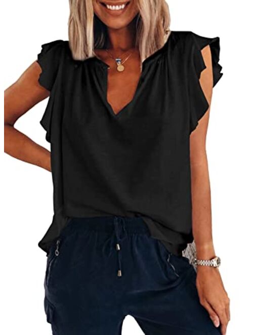 BEZEKC Womens Tank Tops V Neck Ruffle Sleeve Summer Casual Loose Blouses Sexy Tee Shirts S-2XL