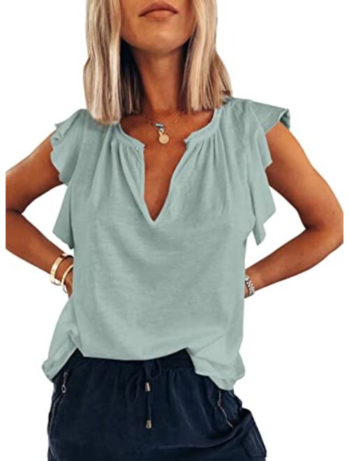 BEZEKC Womens Tank Tops V Neck Ruffle Sleeve Summer Casual Loose Blouses Sexy Tee Shirts S-2XL