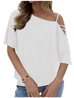 Traleubie Womens One Off Shoulder Casual Tops Short Sleeve Blouse Shirts