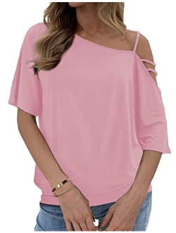 Traleubie Womens One Off Shoulder Casual Tops Short Sleeve Blouse Shirts