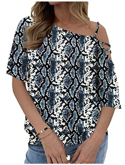 Traleubie Womens One Off Shoulder Casual Tops Short Sleeve Blouse Shirts