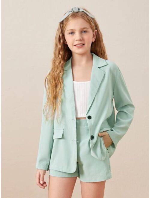 SHEIN Girls Lapel Collar Flap Detail Blazer & Shorts