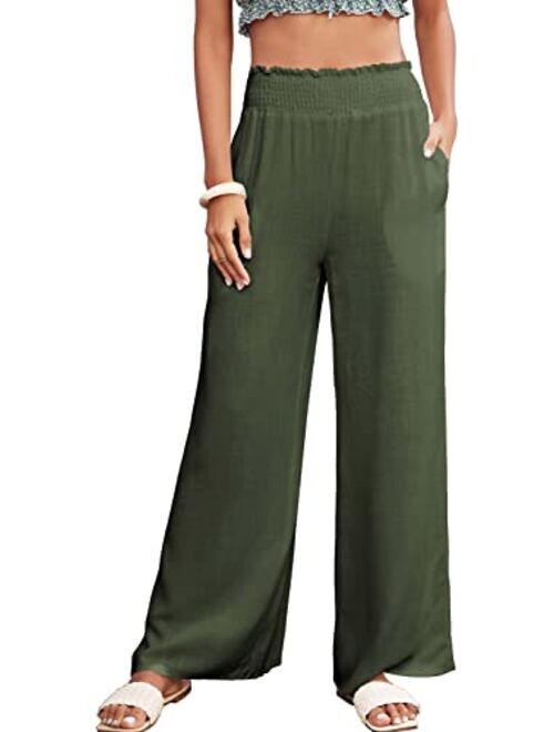 Kalssior Womens Wide Leg Palazzo Pants High Waisted Lounge Pant Smocked Pleated Loose Fit Casual Trousers