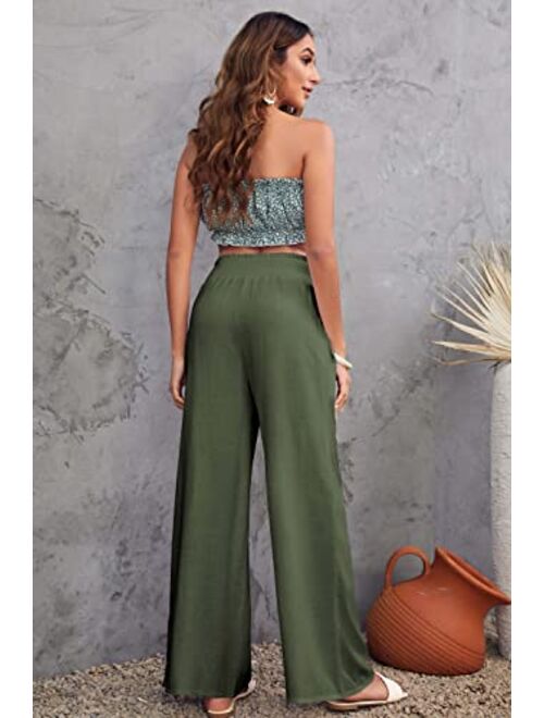 Kalssior Womens Wide Leg Palazzo Pants High Waisted Lounge Pant Smocked Pleated Loose Fit Casual Trousers