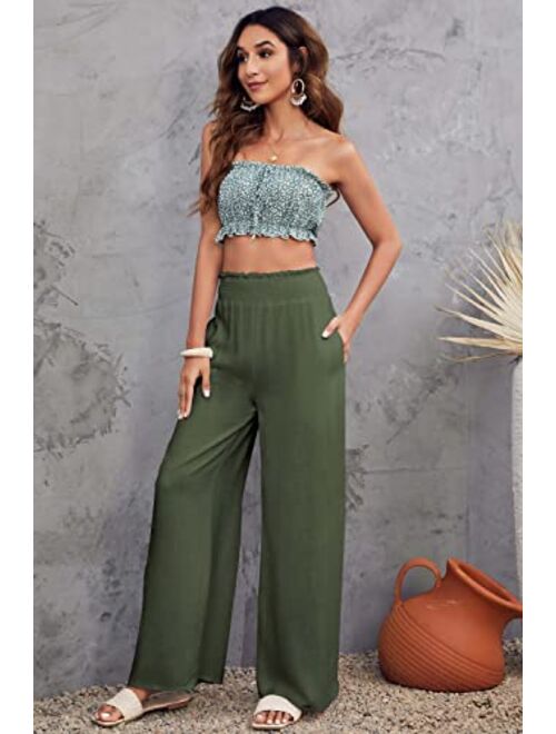 Kalssior Womens Wide Leg Palazzo Pants High Waisted Lounge Pant Smocked Pleated Loose Fit Casual Trousers