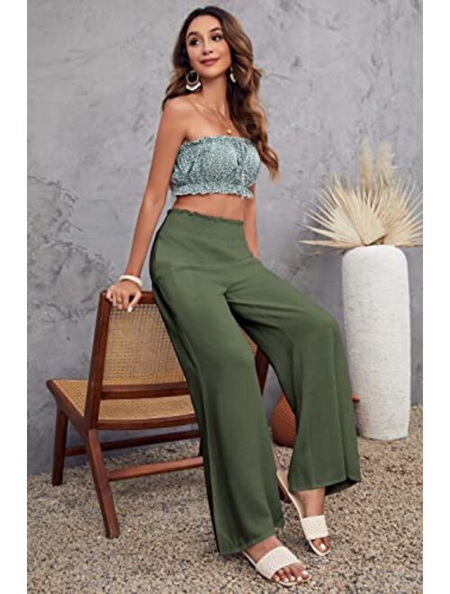 Kalssior Womens Wide Leg Palazzo Pants High Waisted Lounge Pant Smocked Pleated Loose Fit Casual Trousers