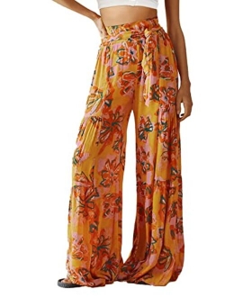 ALBIZIA High Waist Wide Leg Pant for Women Summer Casual Boho Floral Beach Pants Bohemian Belted Trousers