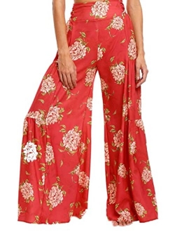 ALBIZIA High Waist Wide Leg Pant for Women Summer Casual Boho Floral Beach Pants Bohemian Belted Trousers