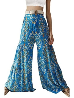 ALBIZIA High Waist Wide Leg Pant for Women Summer Casual Boho Floral Beach Pants Bohemian Belted Trousers