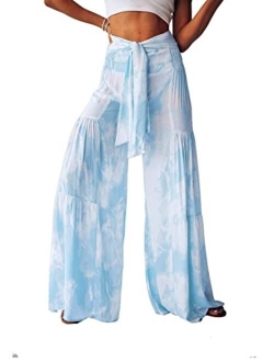 ALBIZIA High Waist Wide Leg Pant for Women Summer Casual Boho Floral Beach Pants Bohemian Belted Trousers