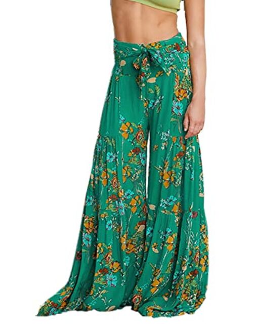 ALBIZIA High Waist Wide Leg Pant for Women Summer Casual Boho Floral Beach Pants Bohemian Belted Trousers