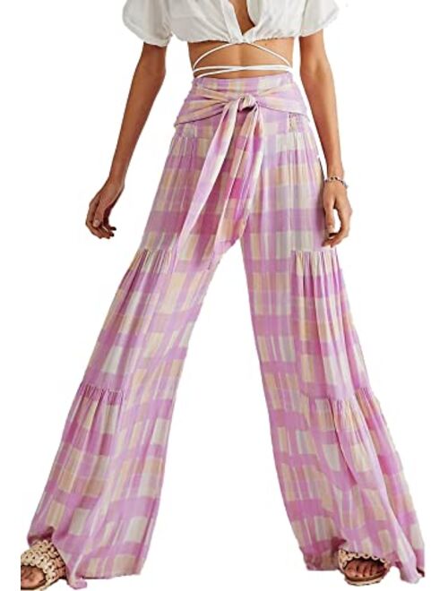 ALBIZIA High Waist Wide Leg Pant for Women Summer Casual Boho Floral Beach Pants Bohemian Belted Trousers