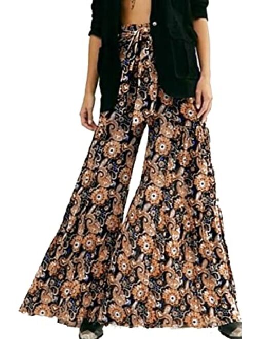 ALBIZIA High Waist Wide Leg Pant for Women Summer Casual Boho Floral Beach Pants Bohemian Belted Trousers