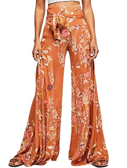 ALBIZIA High Waist Wide Leg Pant for Women Summer Casual Boho Floral Beach Pants Bohemian Belted Trousers