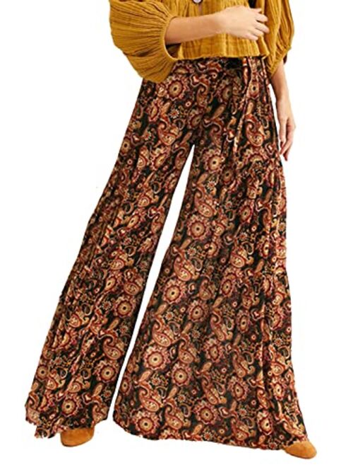 ALBIZIA High Waist Wide Leg Pant for Women Summer Casual Boho Floral Beach Pants Bohemian Belted Trousers