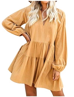 FANCYINN Women’s Cute Shift Dress with Pockets Bell Sleeve Ruffle Hem V Neck Loose Swing Tunic Mini Dress