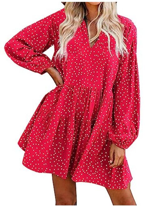 FANCYINN Women’s Cute Shift Dress with Pockets Bell Sleeve Ruffle Hem V Neck Loose Swing Tunic Mini Dress