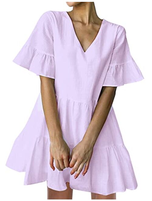 FANCYINN Women’s Cute Shift Dress with Pockets Bell Sleeve Ruffle Hem V Neck Loose Swing Tunic Mini Dress