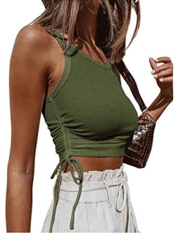 Artfish Women's Sleeveless Shirt Ribbed Drawstring Side Ruched Scoop Neck Basic Crop Tank Top