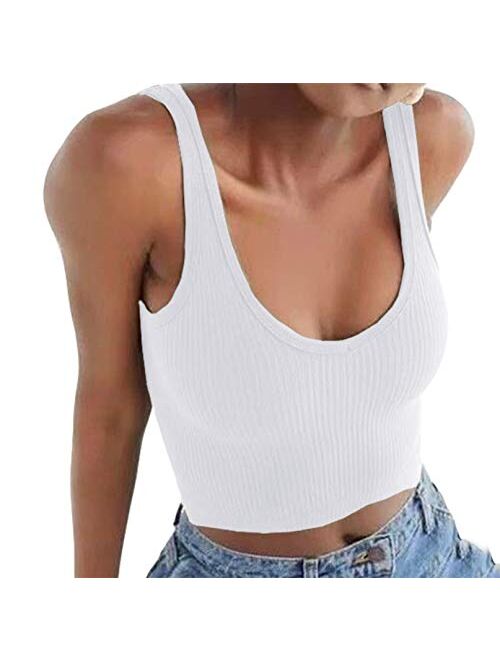 Artfish Women's Sleeveless Shirt Ribbed Drawstring Side Ruched Scoop Neck Basic Crop Tank Top