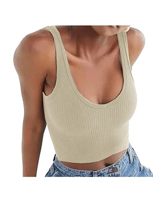 Artfish Women's Sleeveless Shirt Ribbed Drawstring Side Ruched Scoop Neck Basic Crop Tank Top