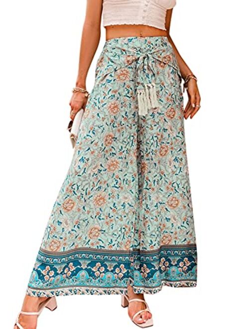 Eteviolet Boho High Waisted Pants for Women, Leopard Wide Leg Flowy Pants