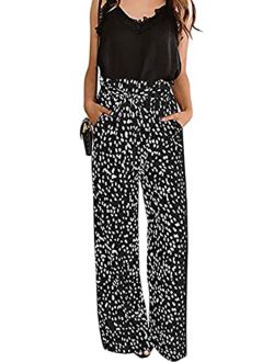 ECOWISH Womens Cotton Soft Palazzo Wide Leg Pant with Pockets High Waist Casual Loose Flowy Pants with Belt