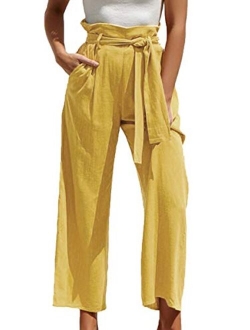 ECOWISH Womens Cotton Soft Palazzo Wide Leg Pant with Pockets High Waist Casual Loose Flowy Pants with Belt