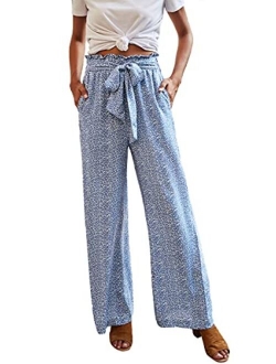 ECOWISH Womens Cotton Soft Palazzo Wide Leg Pant with Pockets High Waist Casual Loose Flowy Pants with Belt