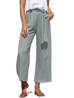 ECOWISH Womens Cotton Soft Palazzo Wide Leg Pant with Pockets High Waist Casual Loose Flowy Pants with Belt