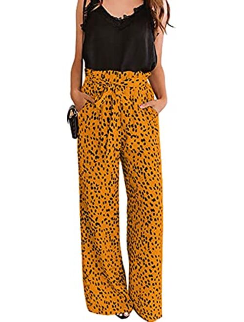 ECOWISH Womens Cotton Soft Palazzo Wide Leg Pant with Pockets High Waist Casual Loose Flowy Pants with Belt