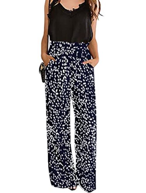 ECOWISH Womens Cotton Soft Palazzo Wide Leg Pant with Pockets High Waist Casual Loose Flowy Pants with Belt